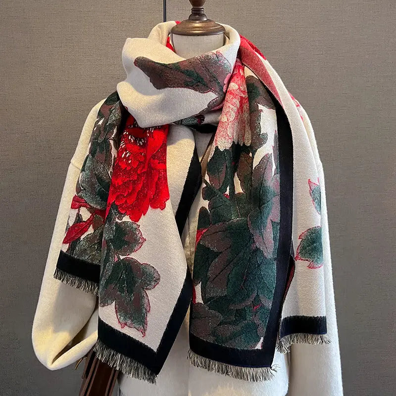 Retro Floral Artificial Cashmere Scarf Women's Thick Warm Scarf hercurva