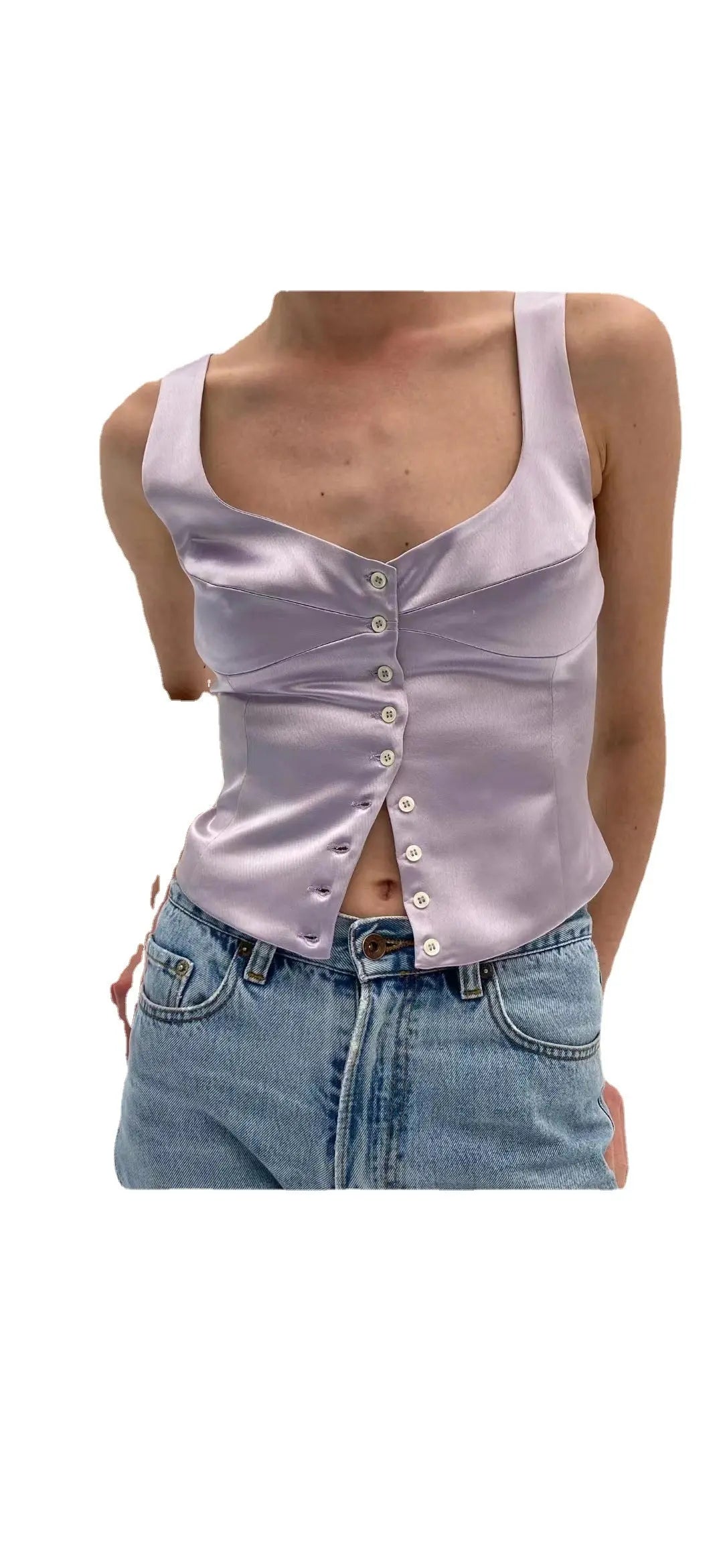 Woman Square-neck Small Slip Top Button Backless Sleeveless Vest hercurva
