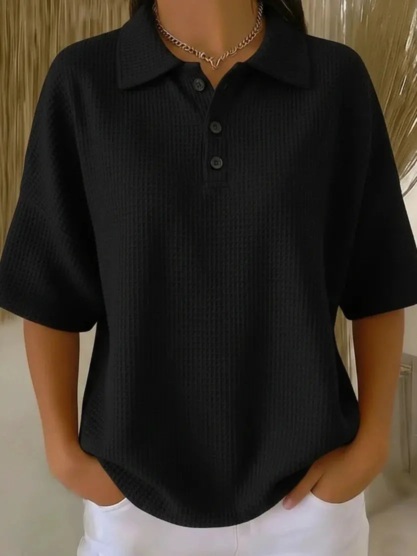 Buttoned Waffle-knit Short-sleeve T-shirt Solid-color Pullover Top hercurva