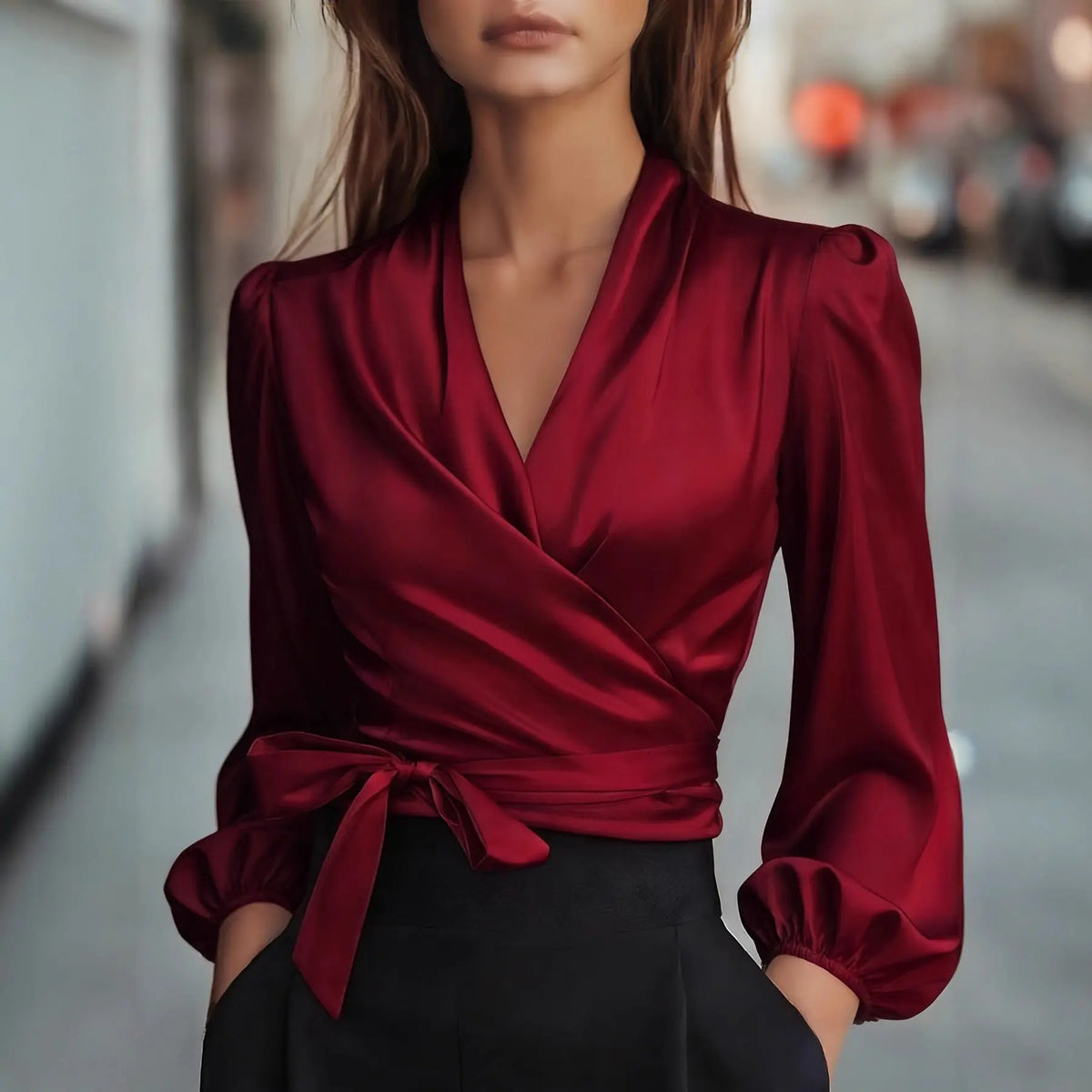 Womens Solid-Color V-Neck Elegant Satin-Bonded Shirt hercurva