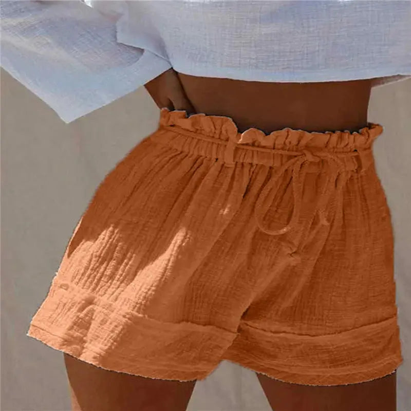 Solid Color Loose Pleated Elastic Belt High Waist Cotton And Linen Boho Shorts Hot Pants hercurva
