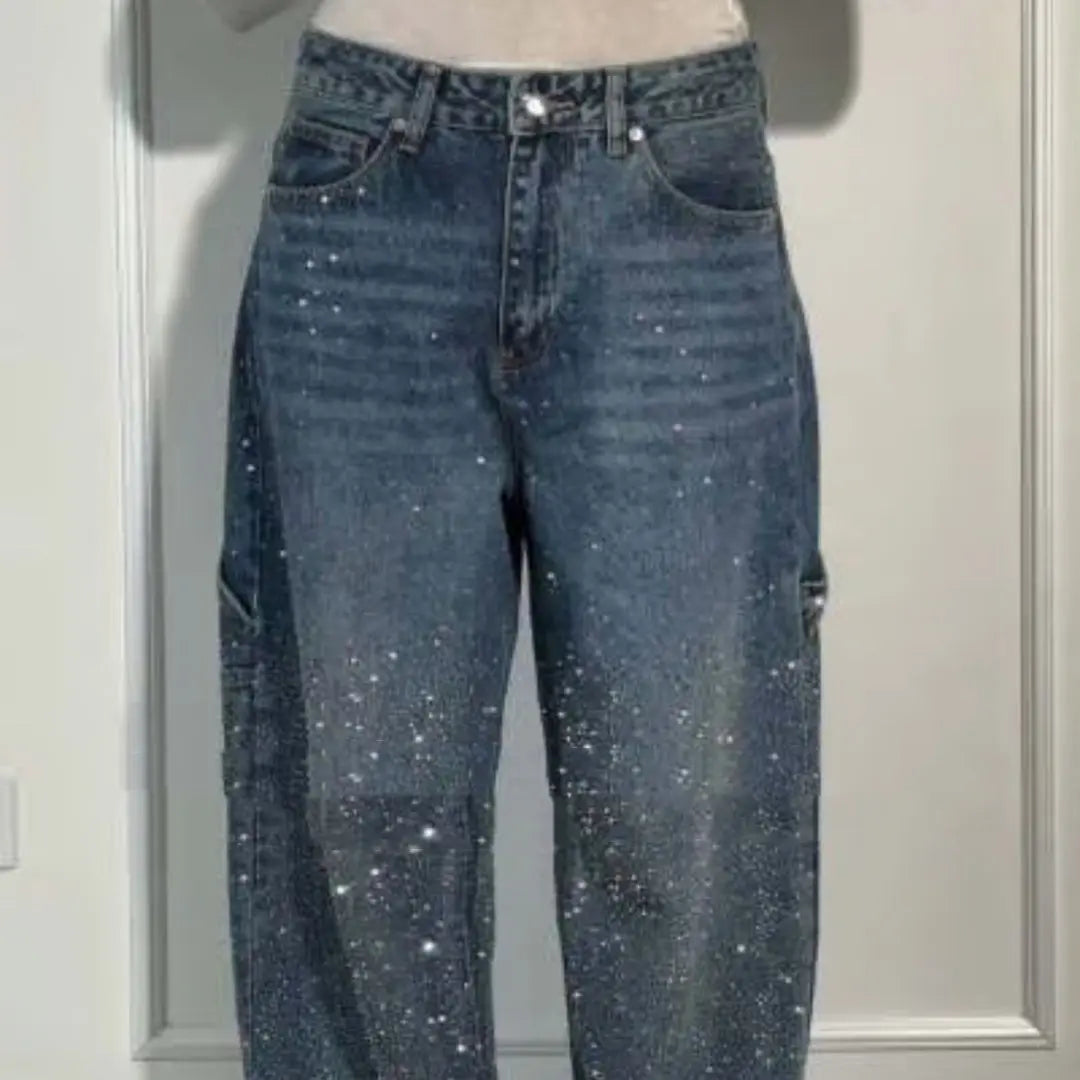 Ins Shiny Straight Jeans With Pockets Fashion Loose Wide-leg Pants For Women Street-style Trousers hercurva