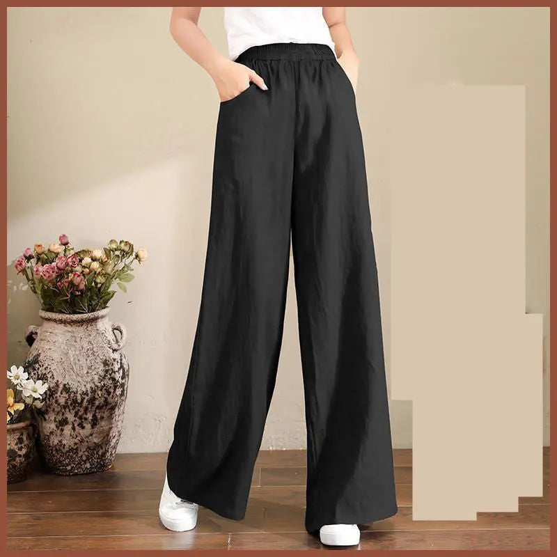 Pure Linen Korean Wide Leg Pants Women Loose Rope hercurva