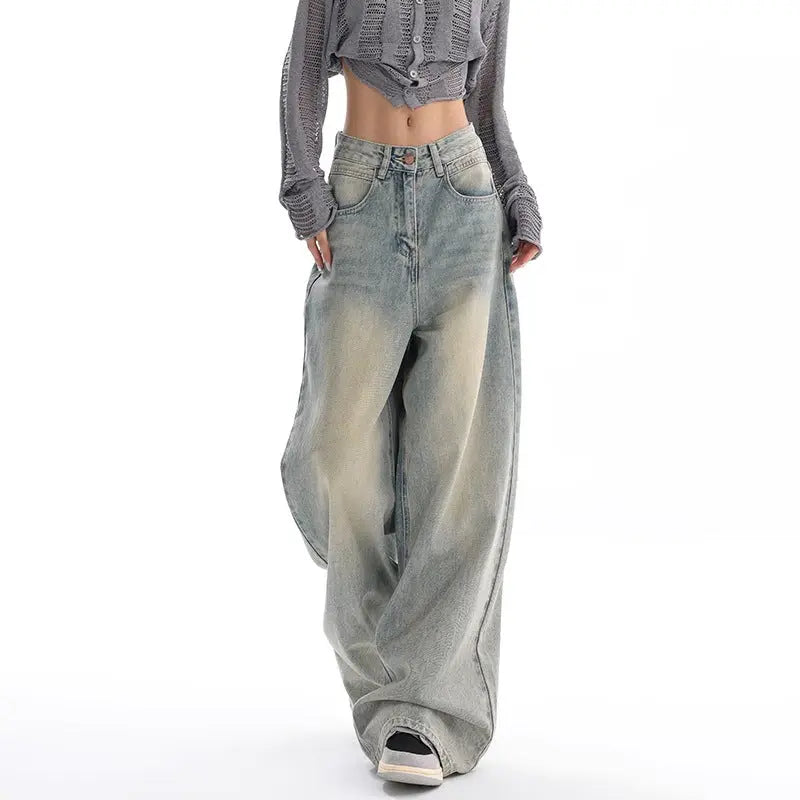 Retro Denim American Style Loose Slimming Mop Wide Leg Pants hercurva