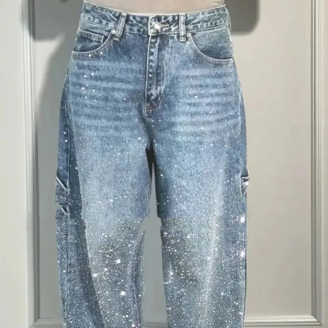 Ins Shiny Straight Jeans With Pockets Fashion Loose Wide-leg Pants For Women Street-style Trousers hercurva
