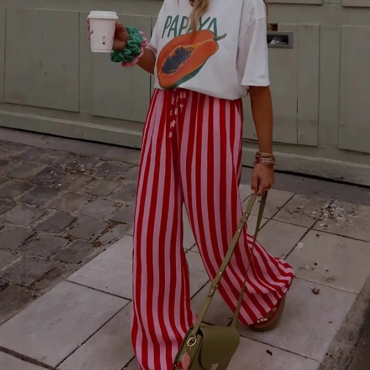 Striped Loose-fit Slimming Casual Wide-leg Floor-length Pants hercurva