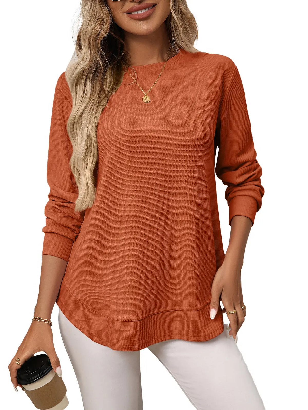 European And American Loose Waffle Casual All-match T-shirt Knitted Long Sleeve hercurva