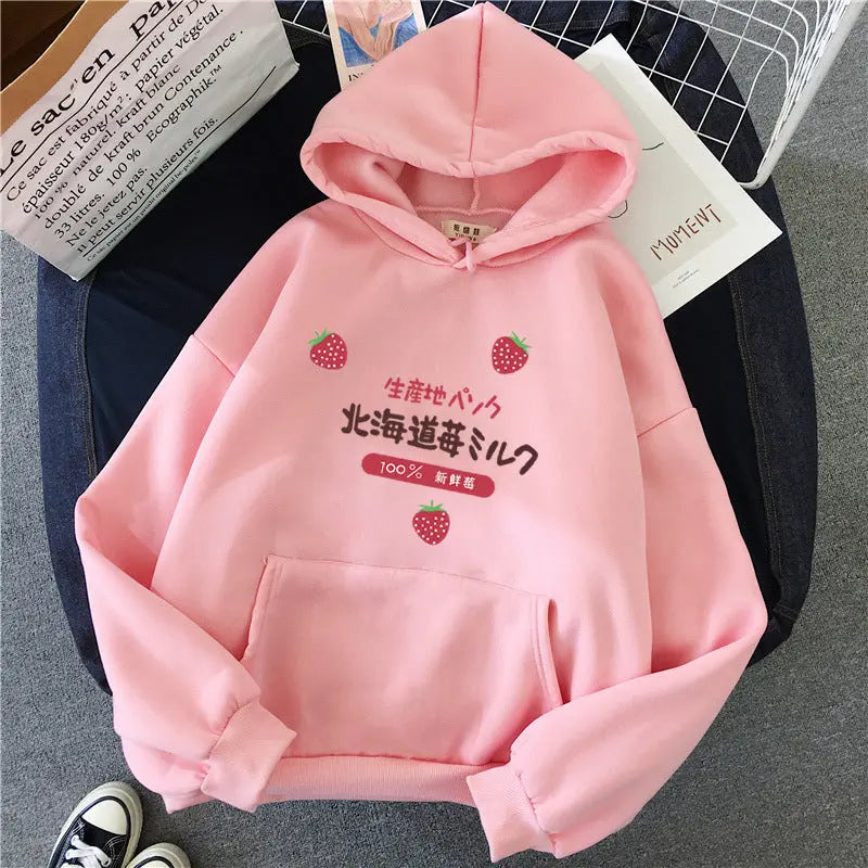 Candy Color Weatshirt Print Strawberry Figure Hooded Sweater hercurva