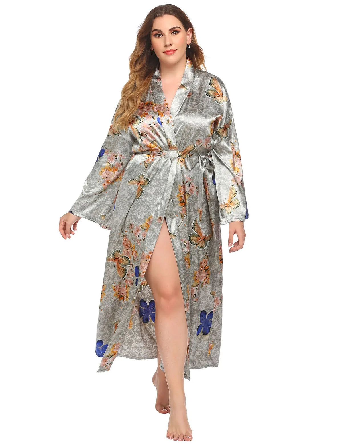Long Robes For Women Flower Print Bathrobe V-neck Silk Sleepwear hercurva