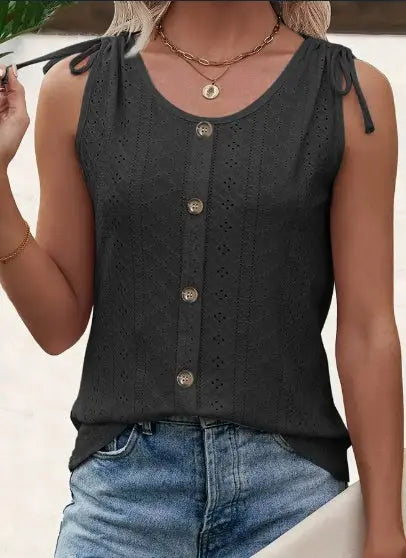 Eyelet Button Front Tank Top, Casual Sleeveless Tank Top For Summer, Women's Clothing hercurva