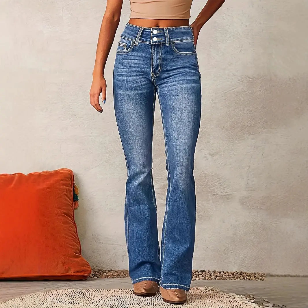 Skinny Flared Jeans With Pockets Fashion Button Zipper Trousers Women's Slim Denim Pants hercurva