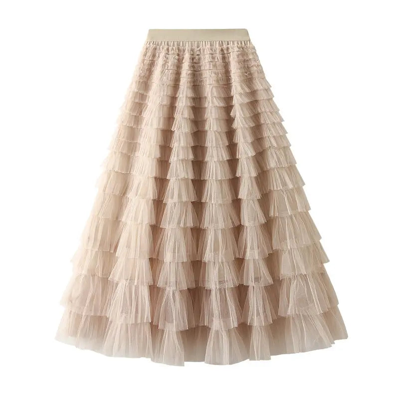 A-Line Mesh Ruffle Skirt Women's Temperament Sweet Long Skirt Slim Cupcake Dress Womens Clothing hercurva
