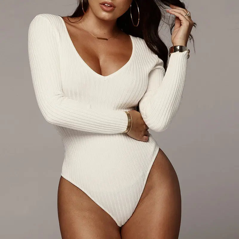 Deep V Neck Long Sleeved Pit Strip Jumpsuit Spring And Autumn Women Clothing hercurva
