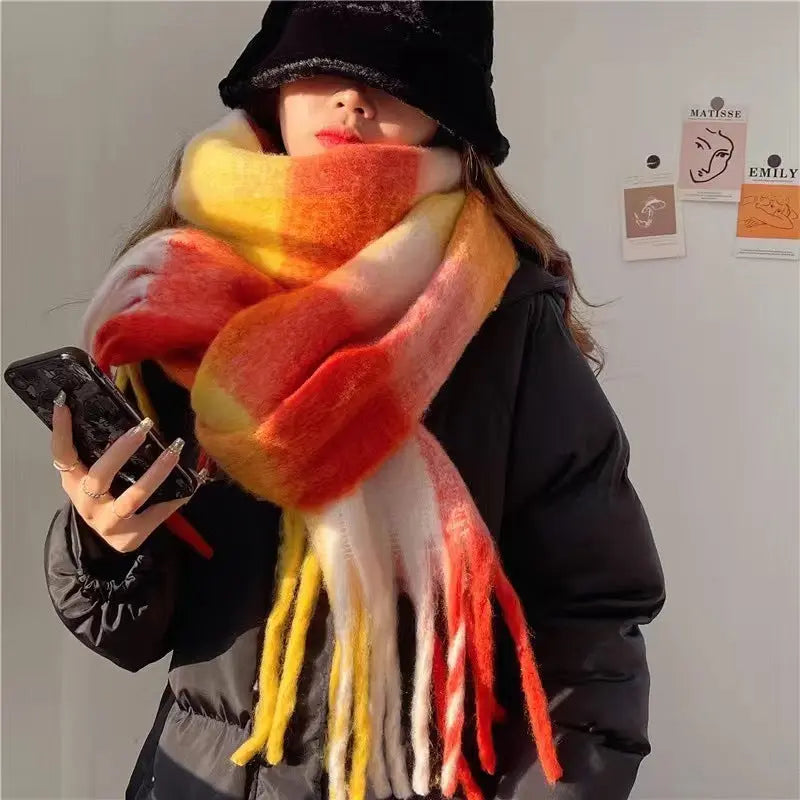 Women's Plaid Tassel Scarf Rainbow Color-blocking Shawl hercurva