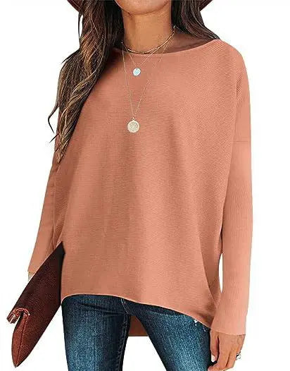 High And Low Batwing Sleeve Knitted Loose Pullover Waist Top hercurva