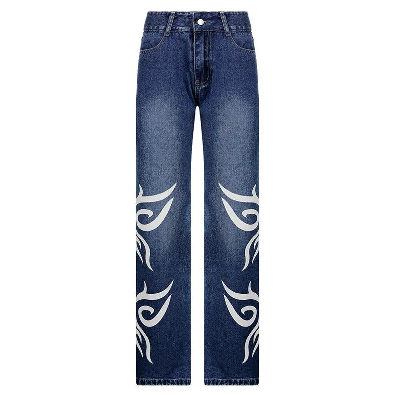 Loose Trousers Low-rise Pleated Heart-print Washed Jeans hercurva