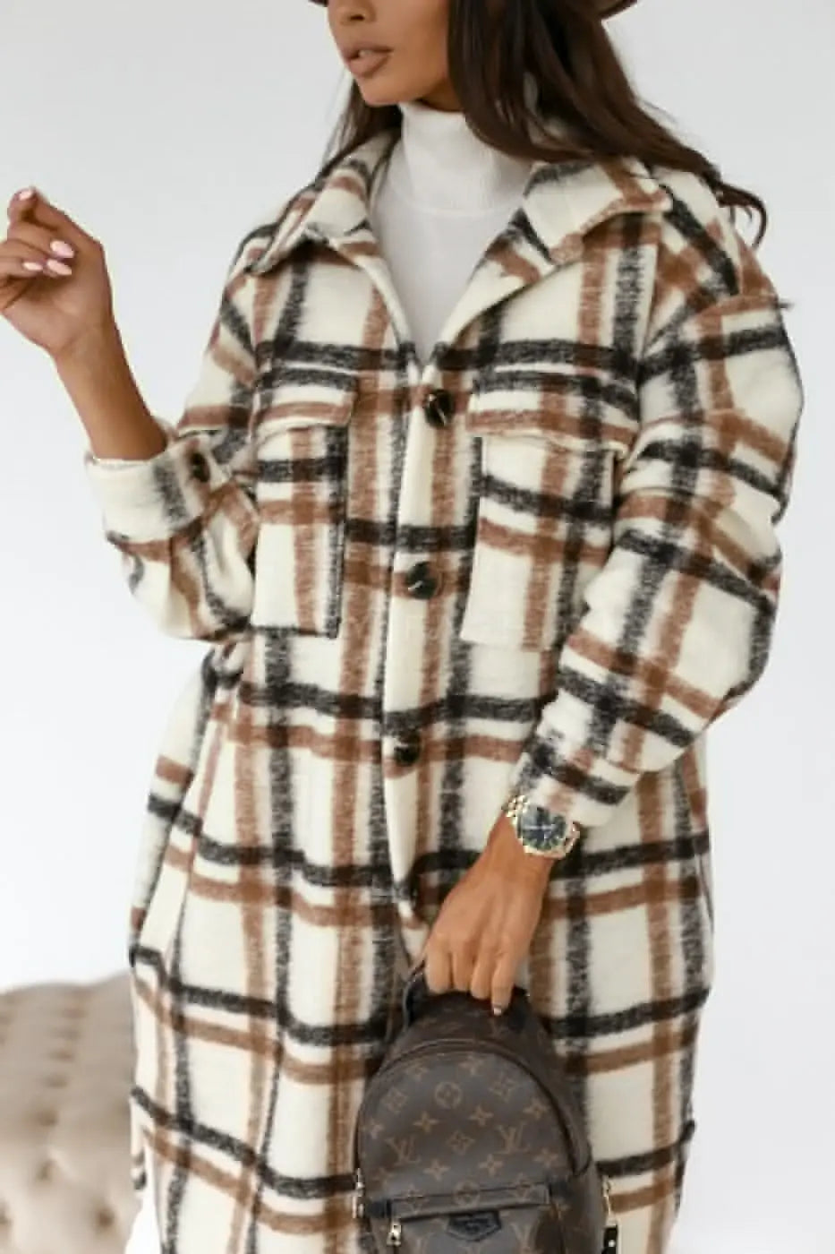 Button Lapel Casual Warm Plaid Long Woolen Coat hercurva