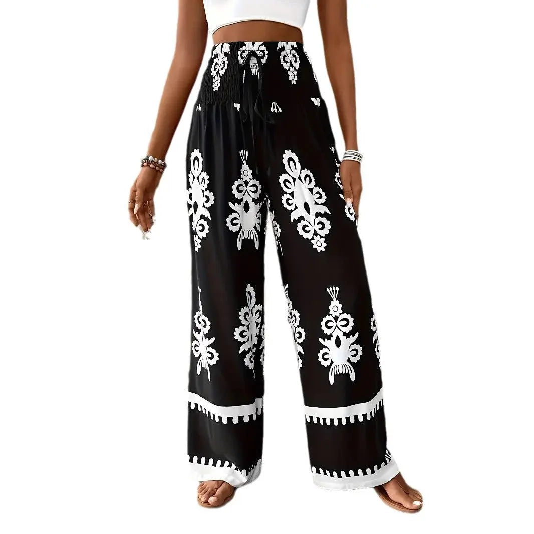 Women's 3D Pattern Lace-up Casual High Waist Print Wide-leg Pants hercurva