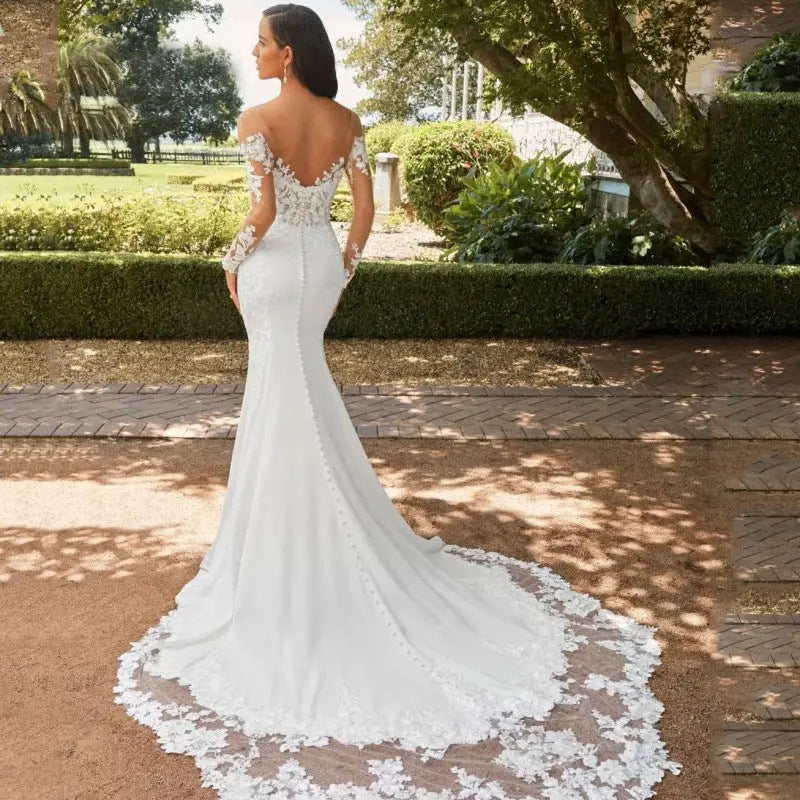 Long Sleeve Backless Lace Fishtail Wedding Dress hercurva
