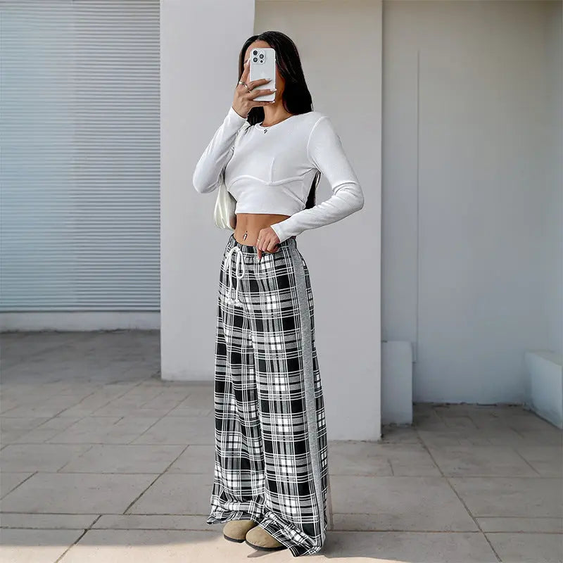 Casual Plaid Stitching Wide-leg Pants For Women hercurva