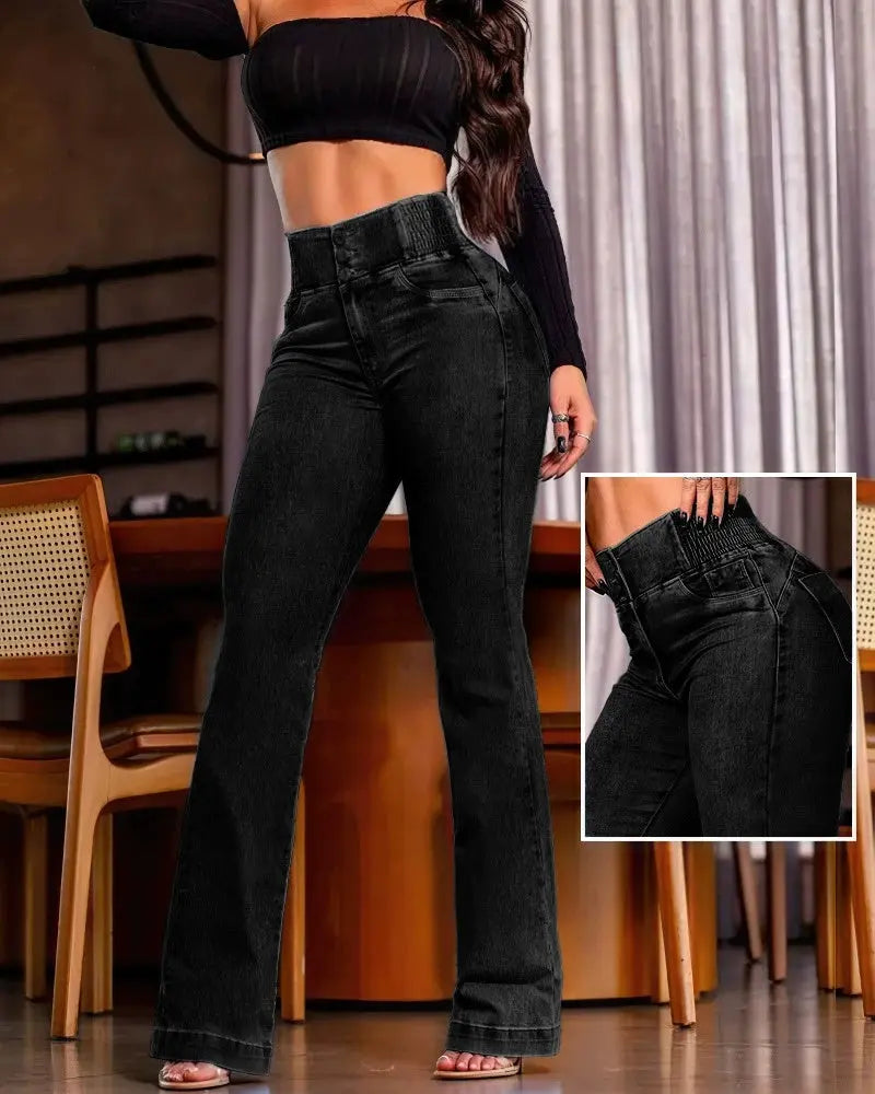 Sexy Elegant New Fashion Casual Female Trouser Bottom Back Shirred Button Front High Waist Jeans hercurva