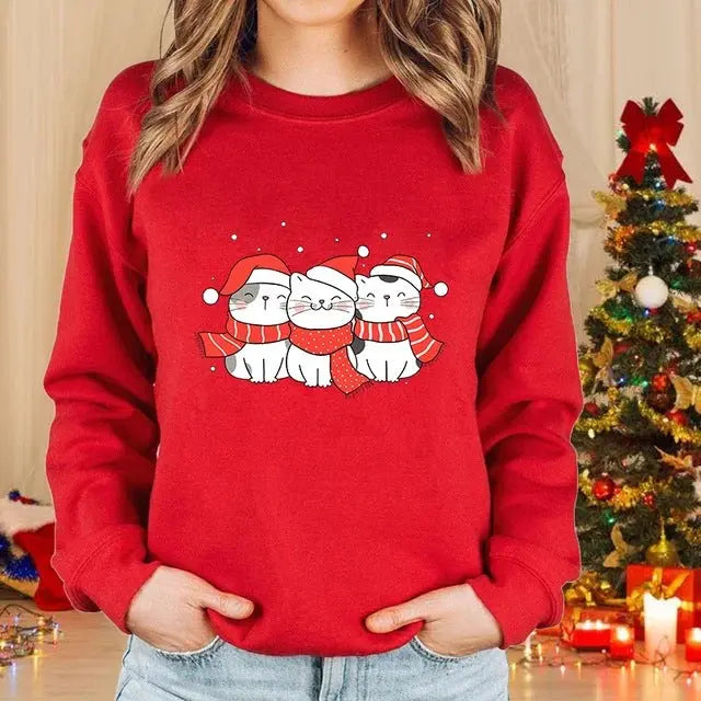 Lady Christmas Cat Round Neck Sweater Long Sleeve hercurva