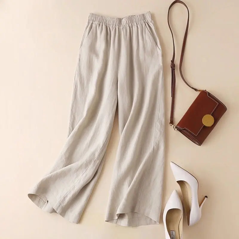 Asian Cotton Wide Leg Pants Solid Color Women's Ninth Point hercurva