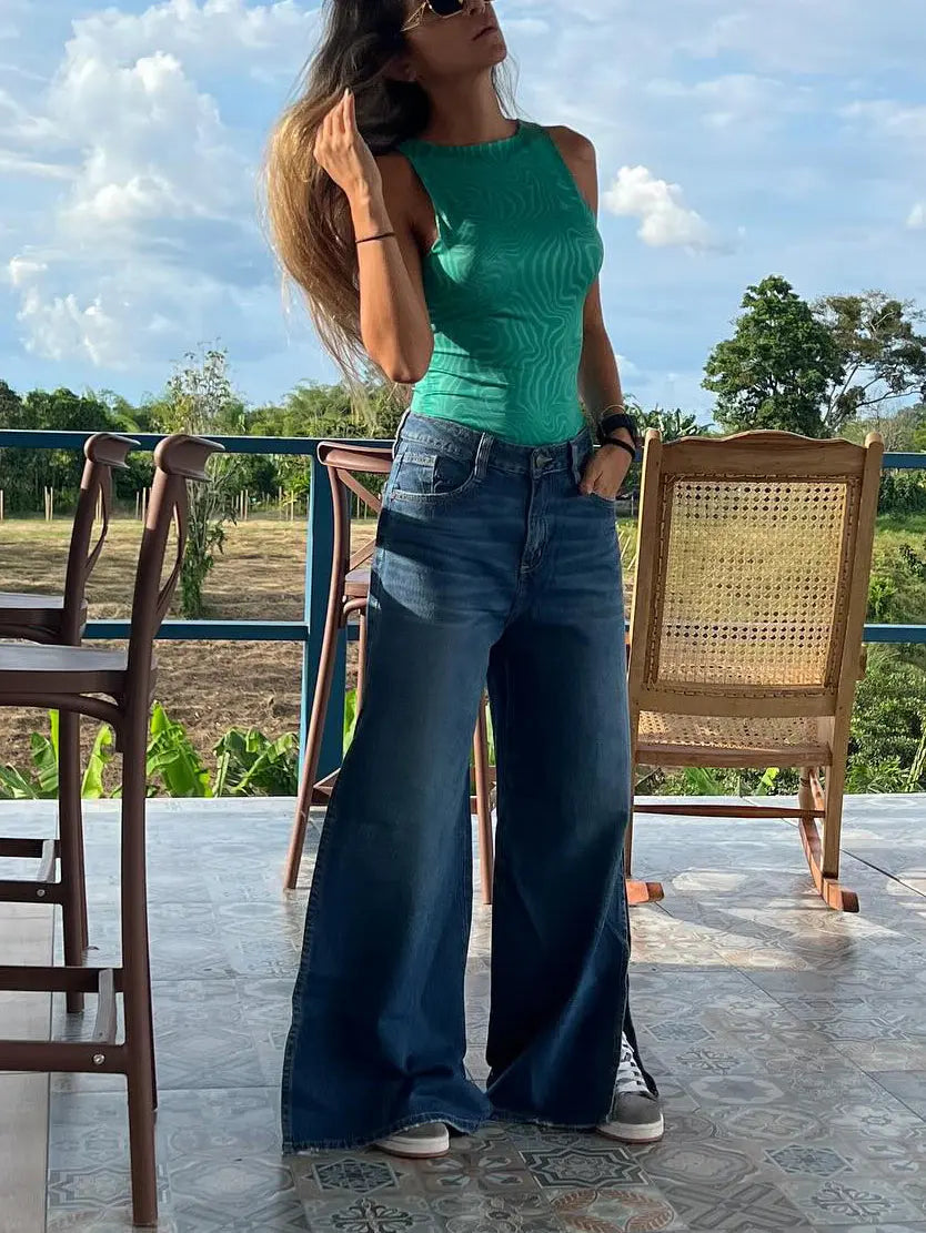 Blue Denim High - Waisted Ultra - Wide - Leg Jeans With Side Slit hercurva