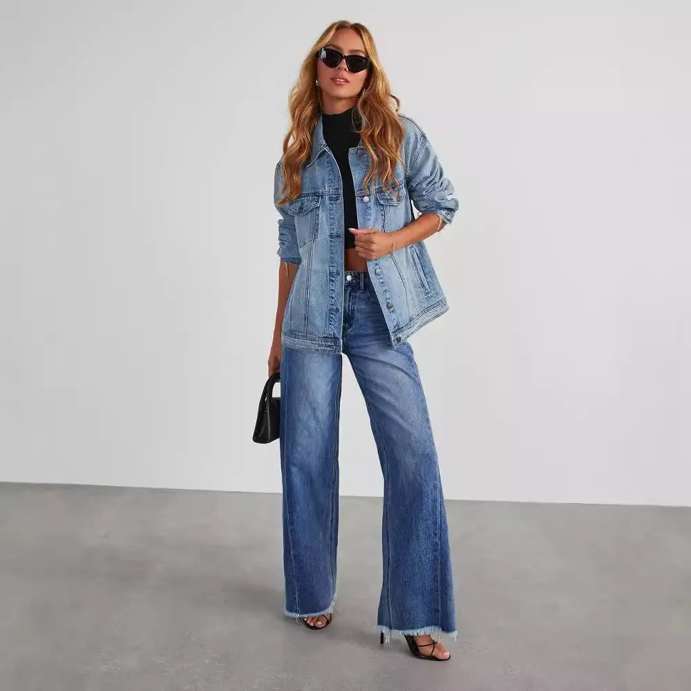 Fashion High Waist Jeans With Pockets Comfortable Slim Fit Straight Wide-leg Pants Womens Clothing hercurva