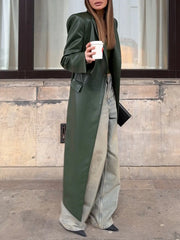 Olive Green Leather Maxi Trench Coat With Shoulder Pads hercurva