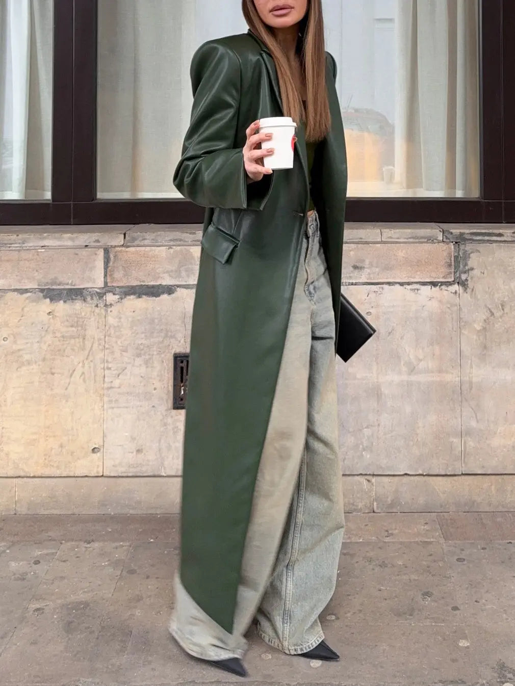 Olive Green Leather Maxi Trench Coat With Shoulder Pads hercurva