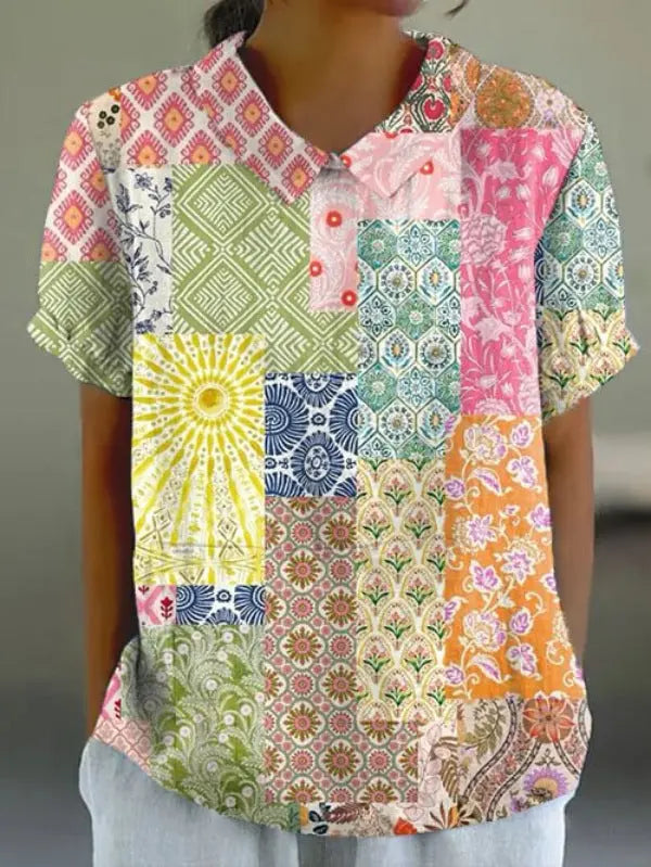 Women's Floral Stitching National Style Printing Lapel Short Sleeve hercurva