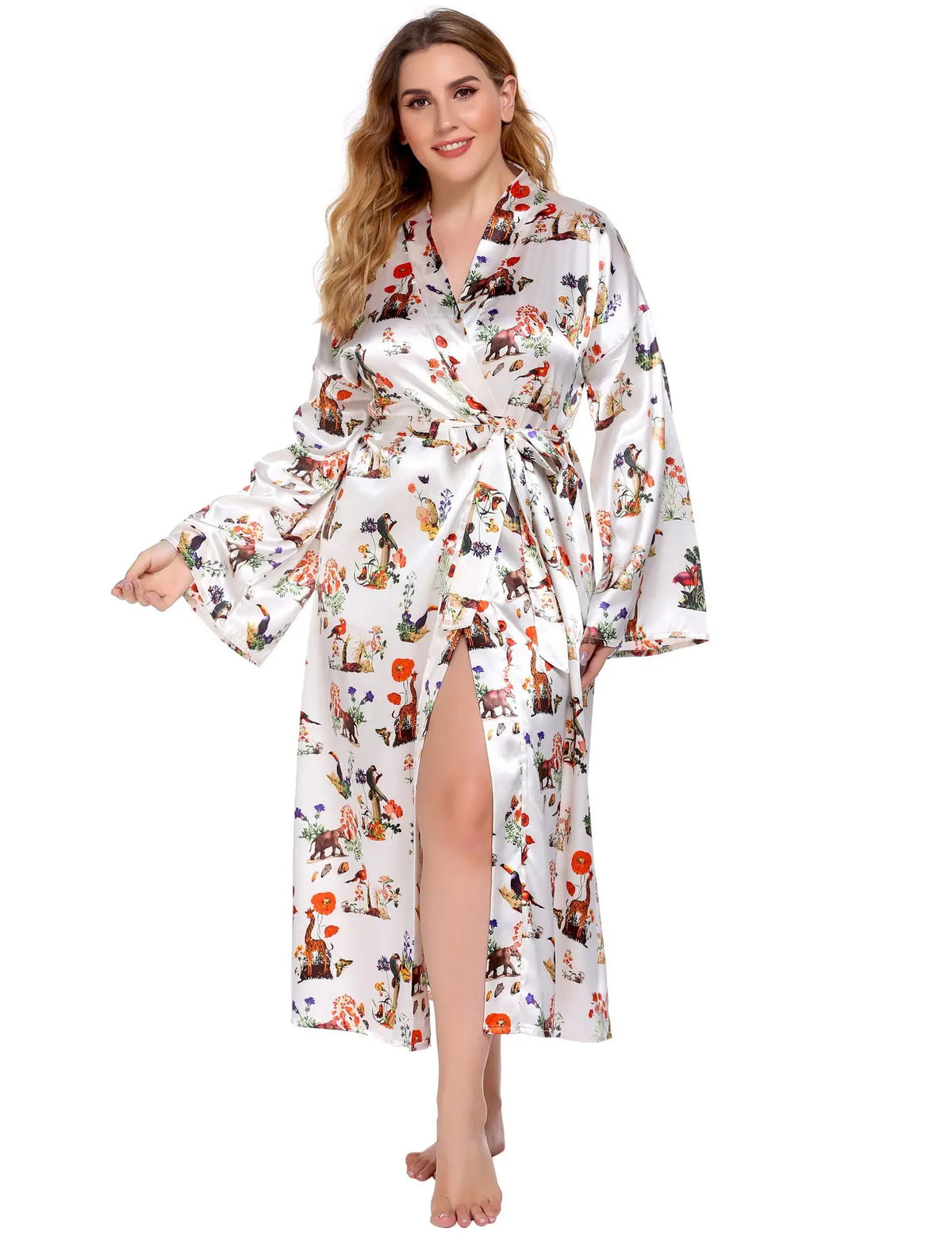 Long Robes For Women Flower Print Bathrobe V-neck Silk Sleepwear hercurva