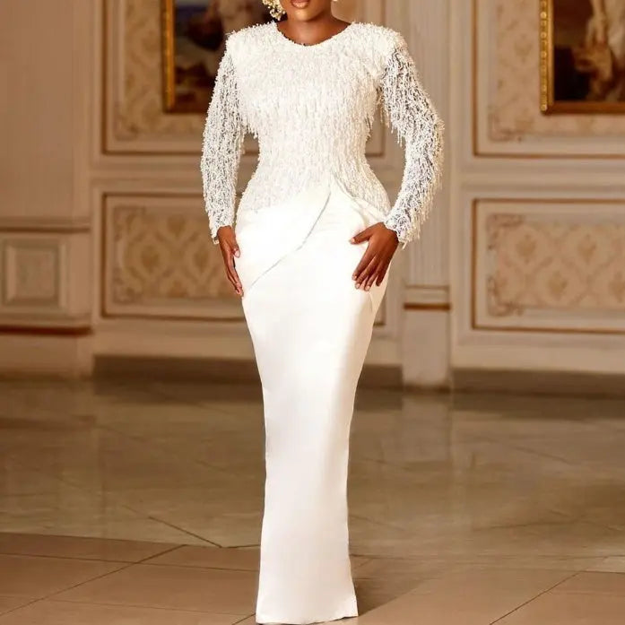Elegant Lace Tassel Waist-controlled Long Sleeves Mop Dress hercurva