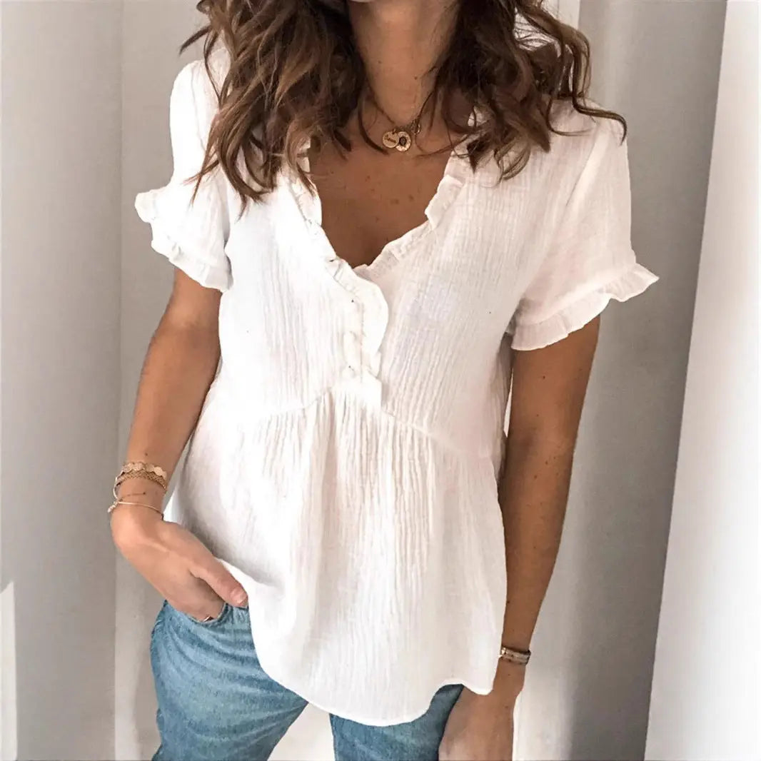Women's Casual Loose Solid-color Patchwork Short-sleeve Shirt Top hercurva