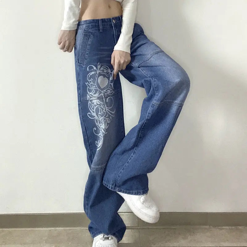 Loose Trousers Low-rise Pleated Heart-print Washed Jeans hercurva