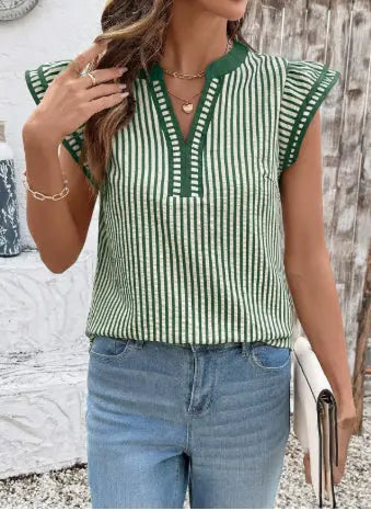 Khaki Stripe Double Ruffled Short Sleeve V Neck Blouse hercurva