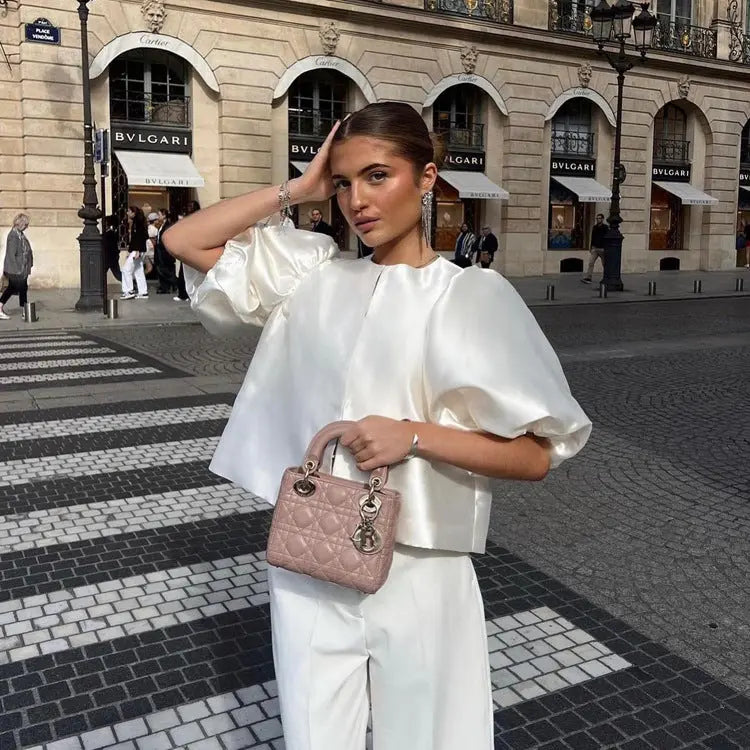 Satin Puff Sleeve Short Top Loose French Simplicity Shirt hercurva