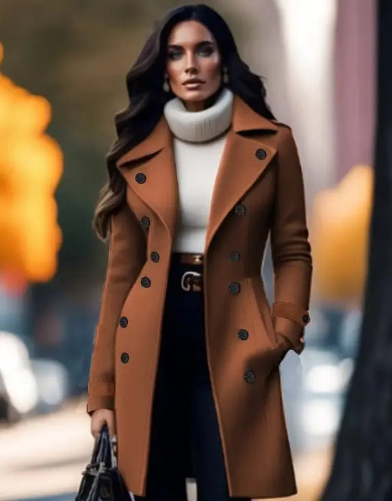 European And American Elegant Women's Solid Color Double Breasted Woolen Coat hercurva