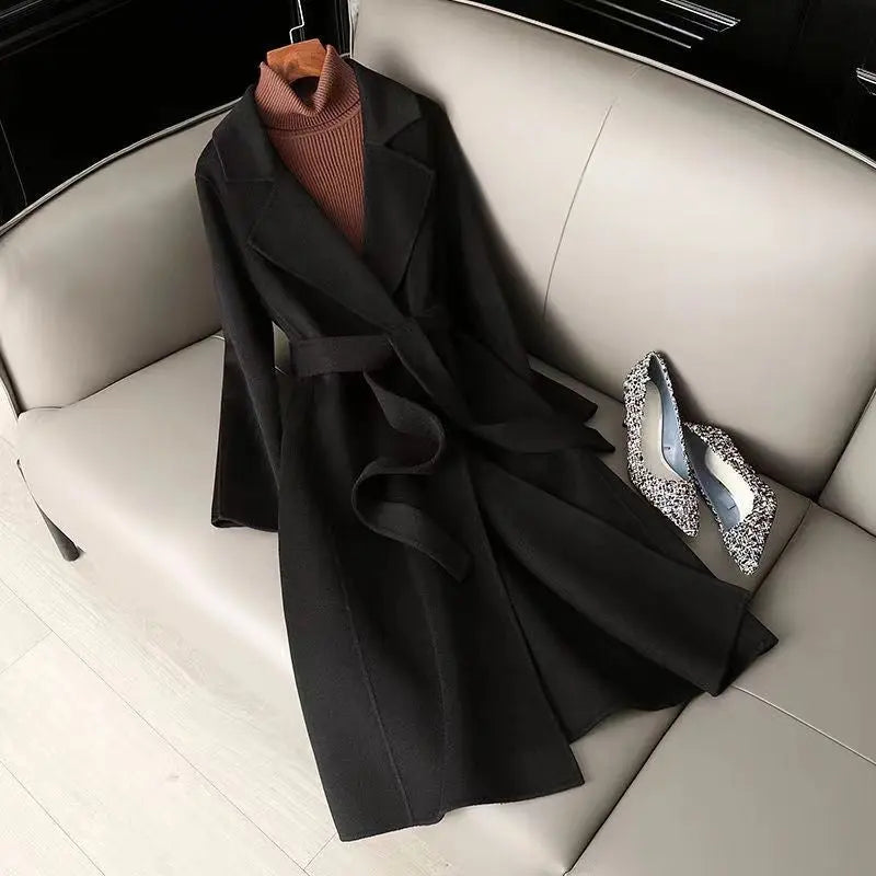 Mid-length Below The Knee Slim Fit Lace-up Woolen Coat High-end Woolen Coat hercurva