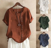 Retro Plus Size Casual Loose Cotton And Linen Short-sleeved Pullover T-shirt hercurva