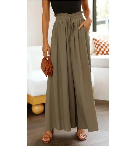 Women's Fashion Wide Leg Elastic Waistband Wide Leg High Waist Long Dress Pants hercurva