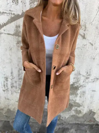 Single-breasted Polo Collar Pocket Mid-length Coat hercurva