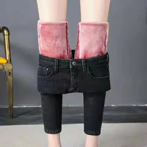 Women Thermal Jeans Winter Snow Warm Plush Stretch Jeans Lady Skinny Thicken Fleece Denim Long Pants Retro Blue Pencil Trousers hercurva