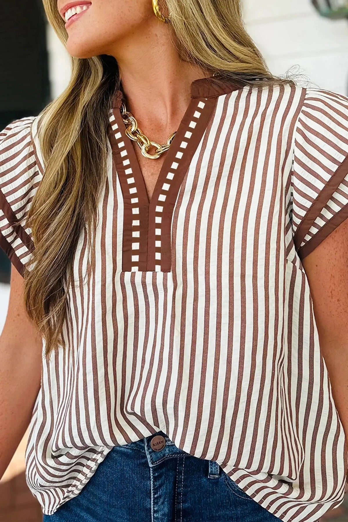 Khaki Stripe Double Ruffled Short Sleeve V Neck Blouse hercurva