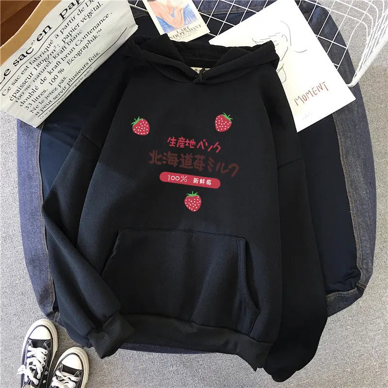 Candy Color Weatshirt Print Strawberry Figure Hooded Sweater hercurva