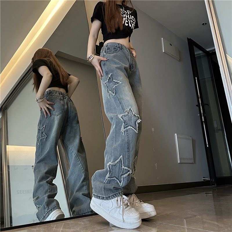 Blue XINGX Embroidered Jeans Women Loose Straight-leg Wide-leg Pants hercurva