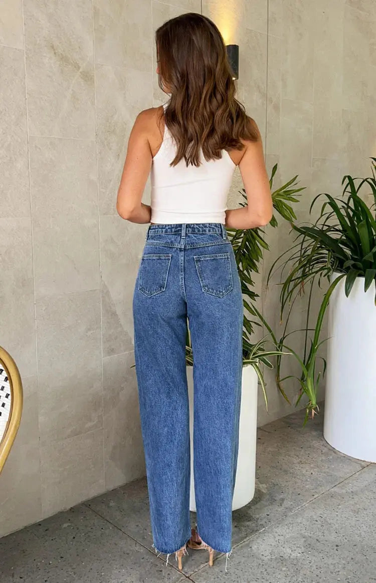 Oblique Waist Cross Beaded Straight-leg Frayed Hem Jeans hercurva