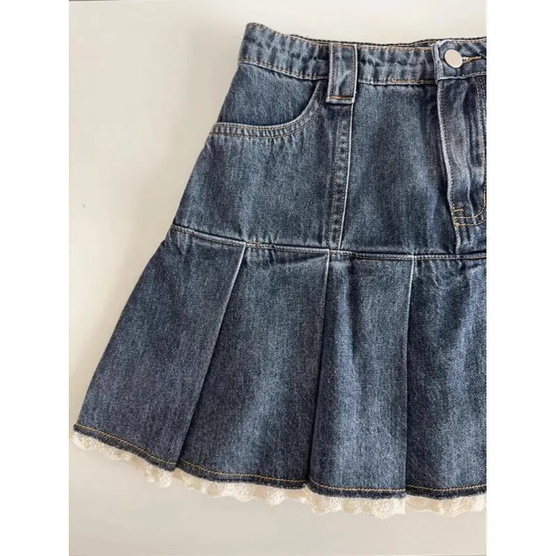 Women's Vintage Lace Pleated Denim Skirt hercurva