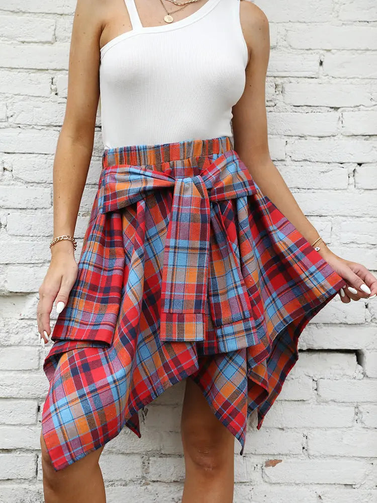 Women's Fashion Irregular High Waist Plaid Tie-Sleeve Skirt hercurva